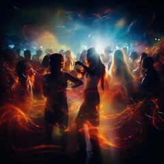 People at a concert in smoke raising their hands. Blurred background and movements. Energetic music party. Live music and fun. Concept of celebration, lively crowd, madness