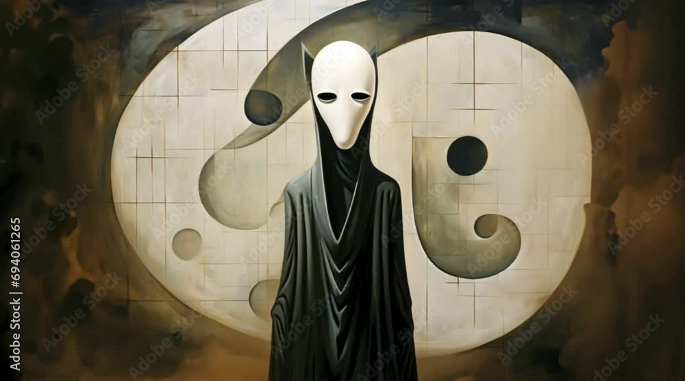 Poster A surreal depiction of a faceless figure, its form composed of abstract shapes that convey a sense of anonymity. yin yang symbol in temple