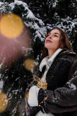 Winter holiday travel, Christmas day, New Year, beautiful happy woman portrait at snowy forest, nature woods, ski resort, leisure activity outdoors, Young Lady enjoying garlands lights in hands
