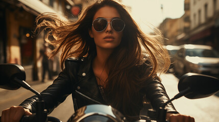 Portrait of a beautiful girl on a motorcycle, bucker, sports motocross, luxury style, glamour, cool...