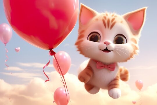 Cute animated cats holding Valentine's Day balloons and floating among clouds