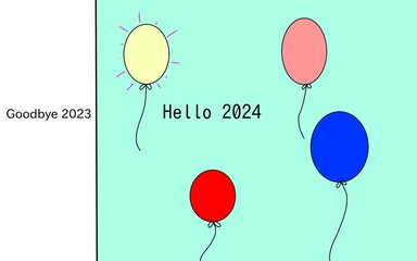 Goodbye 2023, hello 2024 words. Illustration with balloons. Welcoming a new year concept.