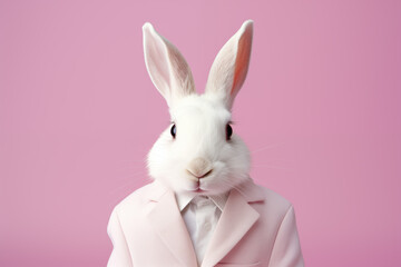 Close up view on a white rabbit in suit and bowtie on a pink background. Easter concept