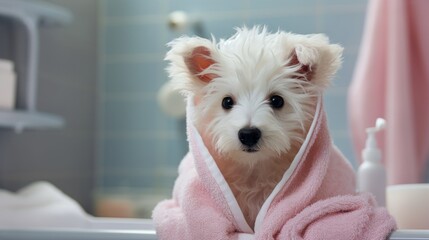dog in bathrode and towel on head