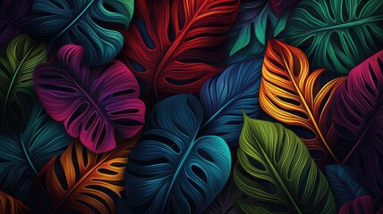 Botanical Elegance Illustrative Desktop Wallpaper of Tropical Leaves
