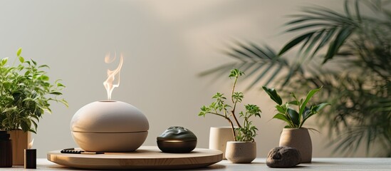 Home meditation and relaxation space with aroma diffuser, candles, comfortable stones, and aesthetic decor for indoor design and enjoyment. - obrazy, fototapety, plakaty