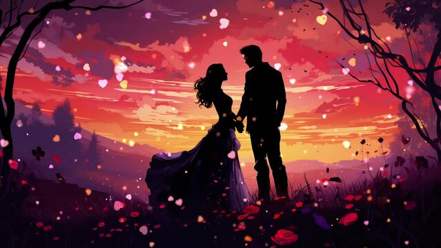 Romantic illustration. Man and woman in love at the sunset with flying animated hearts around