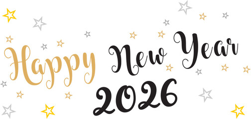 Card design with handwritten inscription 2026 plus golden stars and the inscription happy new year. EPS vector illustration 