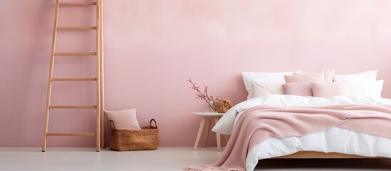 Cozy hotel bedroom with pink blanket, adorned by wooden ladder