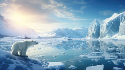 Arctic frozen lake sea nature with animal polar bear landscape wallpaper background - obrazy, fototapety, plakaty