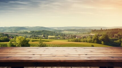 Wooden table with green field summer landscape village wallpaper background - Powered by Adobe
