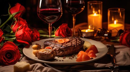 Romantic valentine day anniversary love dinner with meat dish food wallpaper background