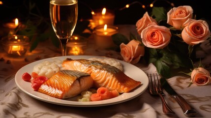 Romantic valentine day anniversary love dinner with fish dish food wallpaper background
