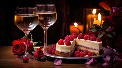 Obraz na płótnie Canvas Romantic valentine day anniversary love dinner with sweet cake dessert wallpaper background