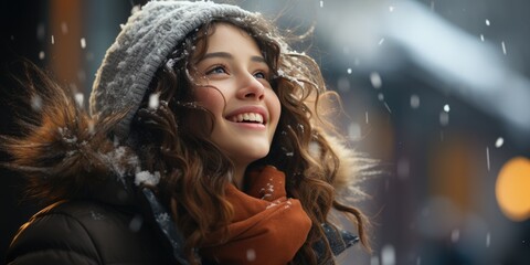 Happy attractive young woman enjoys snow and snowflakes at Christmas fair. Outside. Xmas holiday....