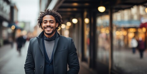 Smiling portrait of a happy young african american businessman in the city. Free space for text - obrazy, fototapety, plakaty