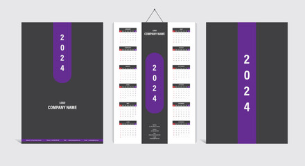 Modern and elegant calendar template for 2024 year. Week Starts on Sunday. Wall calendar in a minimalist style. Grey and purple colors. 2024 calendar. - obrazy, fototapety, plakaty