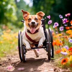 Disabled dog without paws in a wheelchair driving fast on the road among colorful flowers and grass , blurred background, butterflies fluttering, friend of man, overcoming adversity