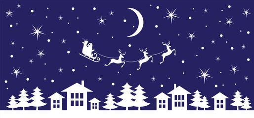 Christmas and new year reindeer with santa claus on a sleign. Moon, snowflakes, houses and christmas trees background. Vector illustration.