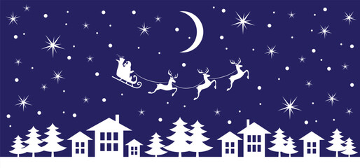 Naklejka premium Christmas and new year reindeer with santa claus on a sleign. Moon, snowflakes, houses and christmas trees background. Vector illustration.