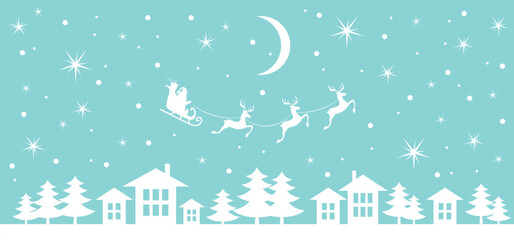 Christmas and new year reindeer with santa claus on a sleign. Moon, snowflakes, houses and christmas trees background. Vector illustration.