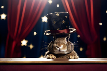 Cute bunny wearing a magician top hat with gold stars, its ears inside of it, as it was performing in a magic show. - obrazy, fototapety, plakaty