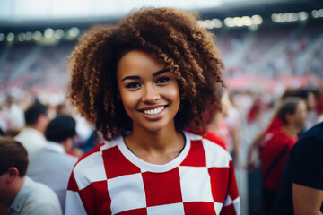 A young woman in a white and red checkered jersey, cheering for victory in a sports competition. Diverse team spirit. Generative ai image - obrazy, fototapety, plakaty
