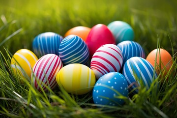 Fototapeta na wymiar Heap of colorful stripped easter eggs in perfect green grass