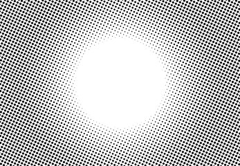 Halftone dot radial background in cartoon pop art and manga style. Abstract comic book backdrop. Gradient faded dots. Flat lay with black dots gradient effect. - obrazy, fototapety, plakaty