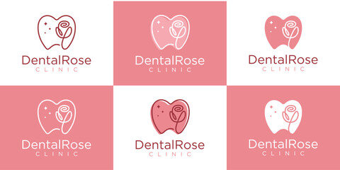 Dental Rose, Beauty Flower Tooth or Fresh Floral Teeth Logo Design for Natural Dental Dentist Dentistry. Dental Icon Symbol Logo Design Template.