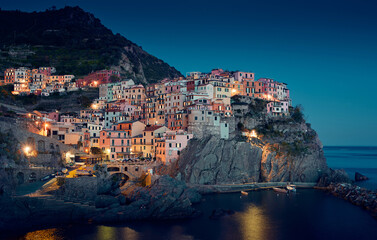 Fototapeta na wymiar Manarola town at night, Cinque Terre region in Italy
