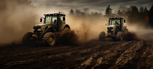 Fototapeta premium Tractors Plowing Fields in Rural Area