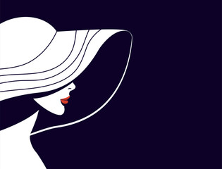 Profile portrait of a stylish woman wearing a hat with red lips. Horizontal dark background. Minimalistic flat style. Female face and head portrait side view close-up. - obrazy, fototapety, plakaty