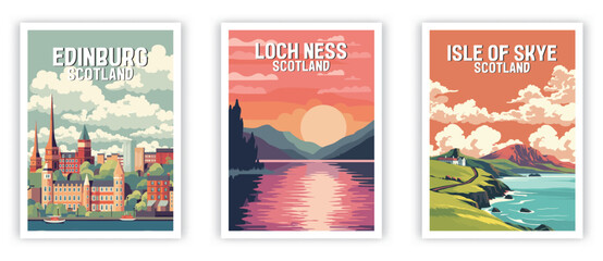 Loch Ness, Edinburg, Isle of Skye Illustration Art. Travel Poster Wall Art. Minimalist Vector art.