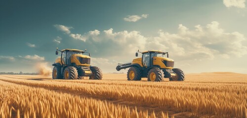 Obraz premium Modern Tractors Plowing in Rural Field