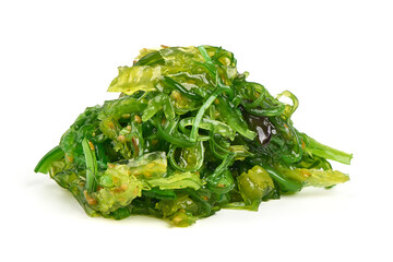 Heap of organic Japanese Wakame salad, isolated on white background.
