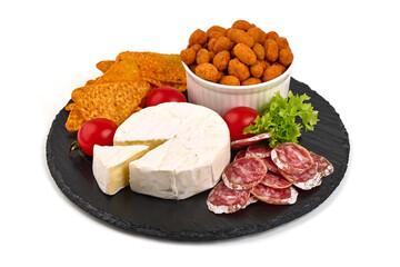 Appetizers table with antipasti snacks, cheese board, isolated on white background. High resolution image.