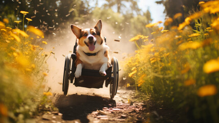 Disabled dog without paws in a wheelchair driving fast on the road among colorful flowers and grass , blurred background, butterflies fluttering, friend of man, overcoming adversity, Horizontal banner