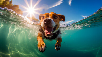 Smiling Rescue Dog swimming underwater in special suit, Portrait with bright expression of dog's face, Joyful pet, rescue people in water Vertical banner - obrazy, fototapety, plakaty