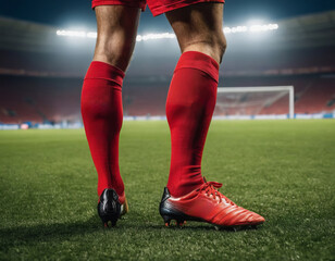 Close-up of a soccer player's feet on the field, poised in red cleats under stadium lights.