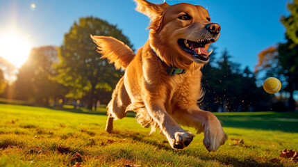 Funny Golden Retriever dog playing with a ball outside on the background of a green park with a sunlit field, Pet Games, Dog Sports, Active Lifestyle, Pet Health, Horizontal banner - obrazy, fototapety, plakaty