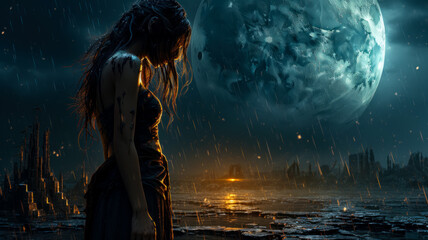 Profile portrait of a girl in the rain against the backdrop of a supermoon and a destroyed city, copied space for the concept of the destruction of life in depressive disorders - obrazy, fototapety, plakaty