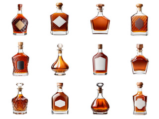 Big set of various cognac or brandy bottles mockups isolated on transparent background. High resolution