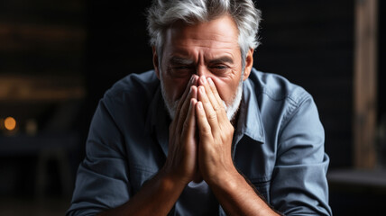 Sad adult gray-haired man holds his hands on his nose, attack of allergy or rhinitis, unexpected attack of pain, concept of health care and life insurance - obrazy, fototapety, plakaty