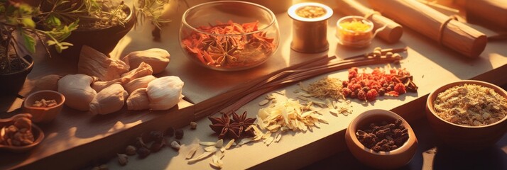 Chinese Herbal Medicine Assortment on Table - obrazy, fototapety, plakaty