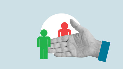 Solution of controversial issues and conflicts of interest. The hand divides the red and green figures of people. Stop the conflict, the mediator. Dispute resolution - obrazy, fototapety, plakaty