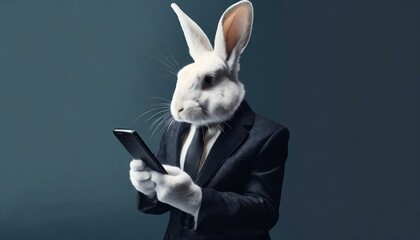 Weißes Kaninchen (Hase) in Anzug und Krawatte hält ein Smartphone / Handy. Dunkelblauer Hintergrund. Fotorealistische Illustration - obrazy, fototapety, plakaty