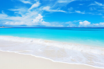 Obraz premium Beautiful sandy beach with white sand and rolling calm wave of turquoise ocean on Sunny day on background white clouds in blue sky