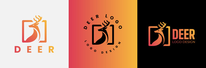 Deer logo design, Deer head inside squarelogo design template, Deer head logo icon,Deer hunter with square logo design, Wild animal vector, Head deer illustration - obrazy, fototapety, plakaty