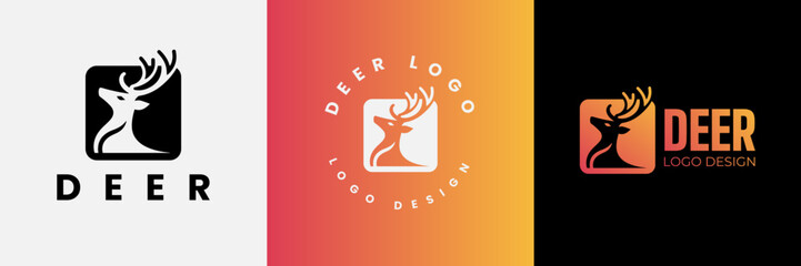 Deer logo design, Deer head inside squarelogo design template, Deer head logo icon,Deer hunter with square logo design, Wild animal vector, Head deer illustration
